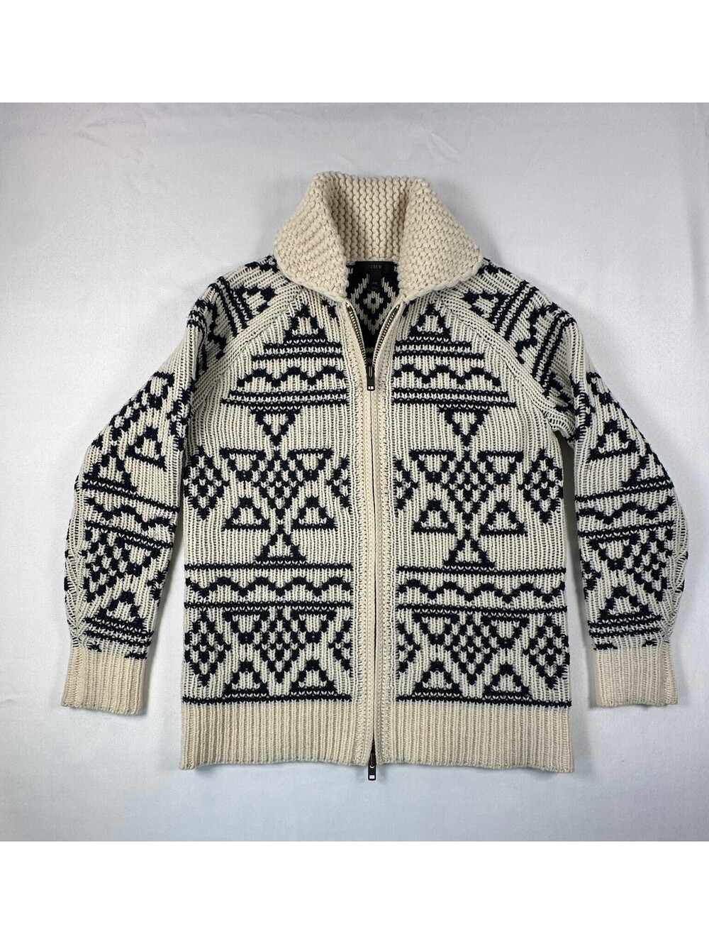 J. Crew 100% Lambswool Full Zip Cardigan XXS Cream Navy Geometric Cowl Sweater